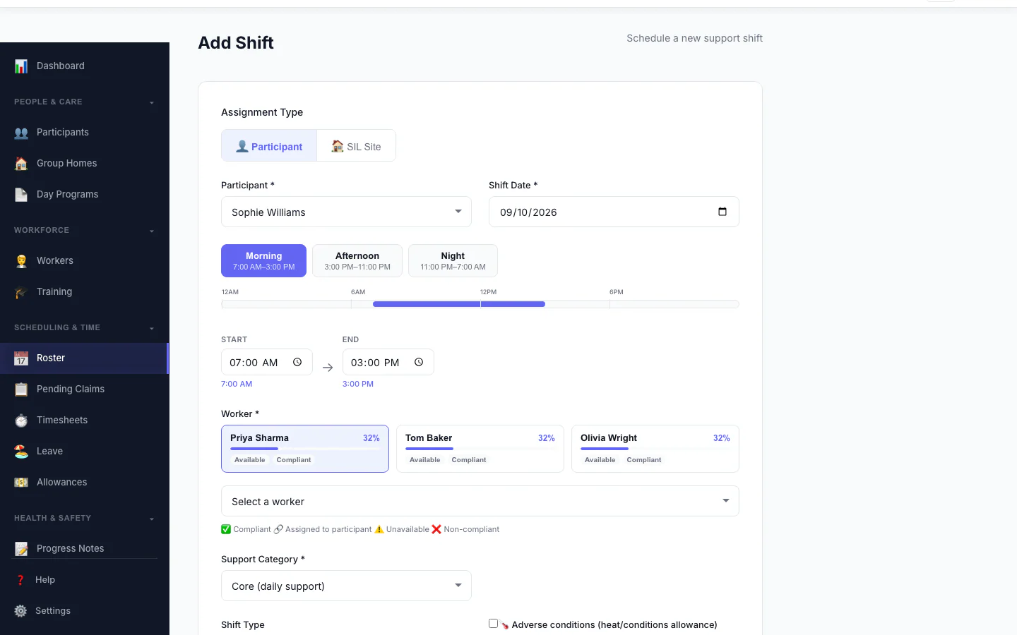 Add a Shift: Pick the person, date and times, and see suggested workers.