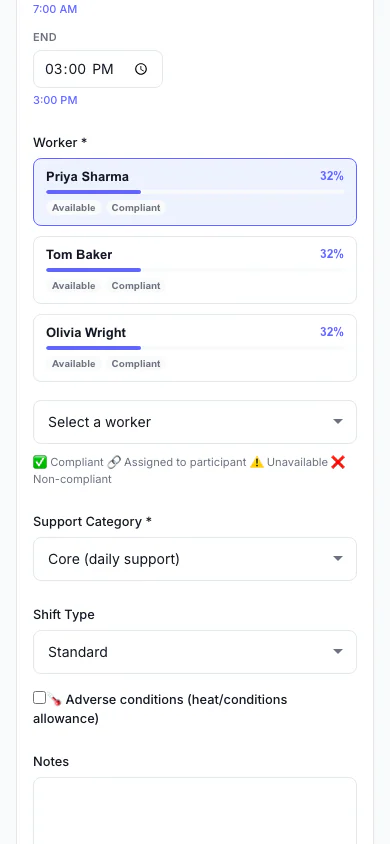 Add a Shift: Pick the person, date and times, and see suggested workers. (mobile view)