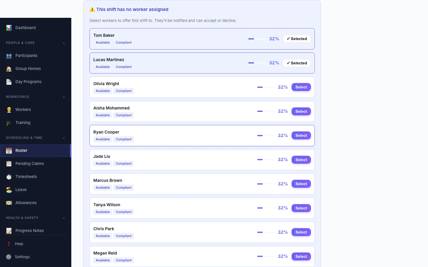Replacement Assistant: A vacant shift with ranked replacement workers and one-click offers.