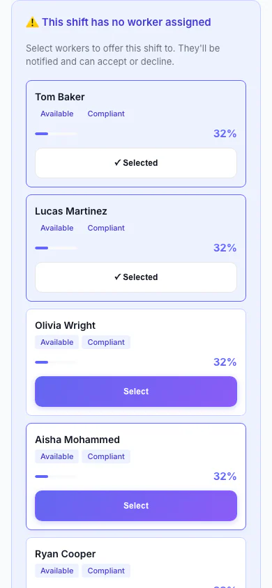Replacement Assistant: A vacant shift with ranked replacement workers and one-click offers. (mobile view)