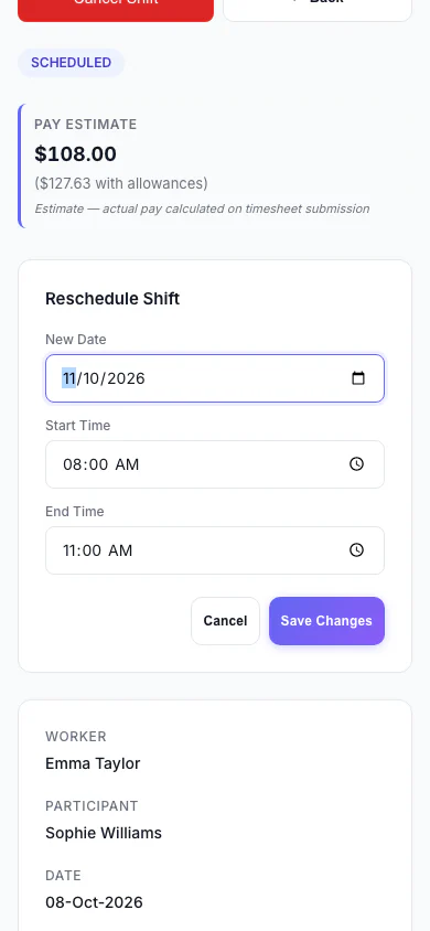 Reschedule a Shift: Move a shift to a new date and time. (mobile view)
