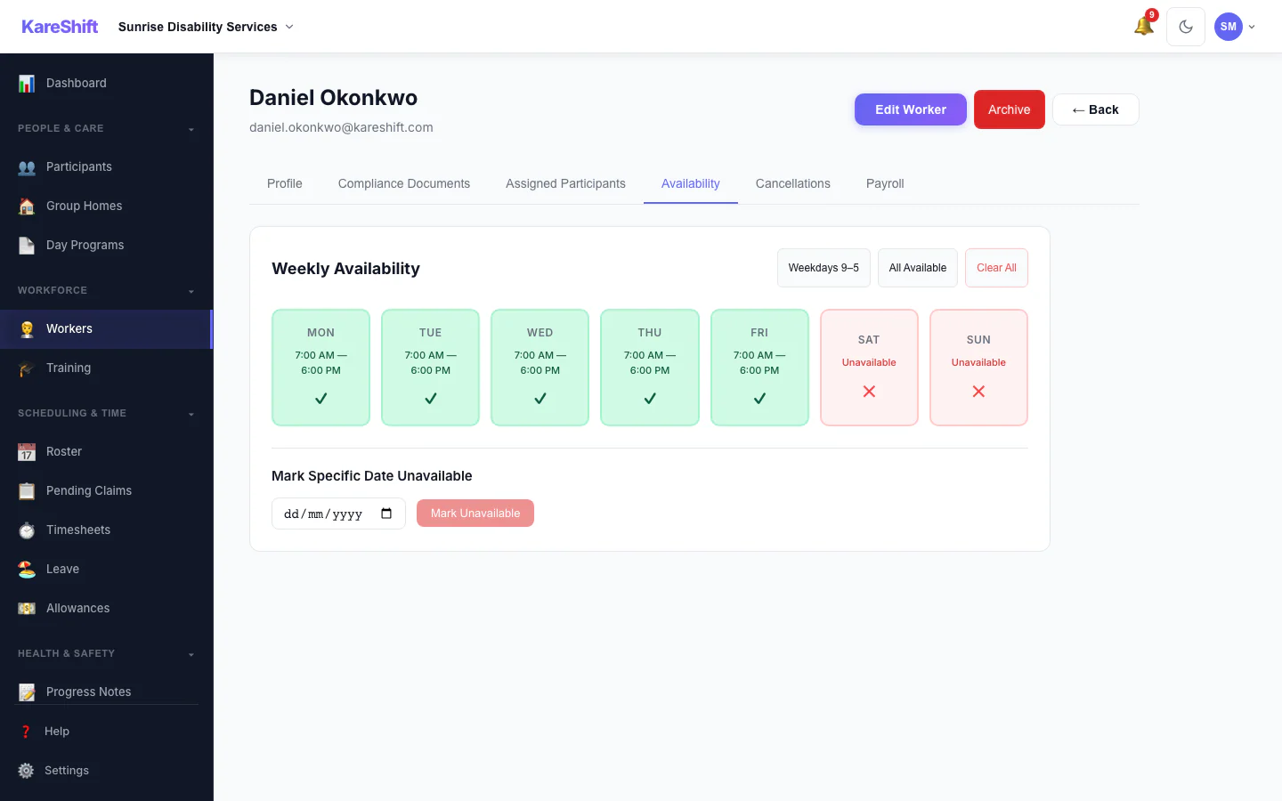 Worker Availability: A worker's weekly availability grid.