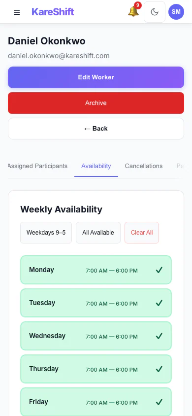 Worker Availability: A worker's weekly availability grid. (mobile view)