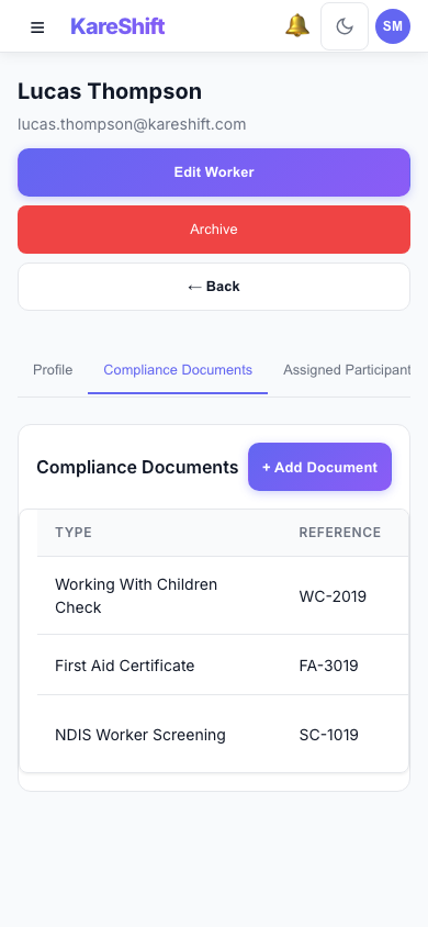 Worker Compliance — document tracking with expiry alerts — mobile view