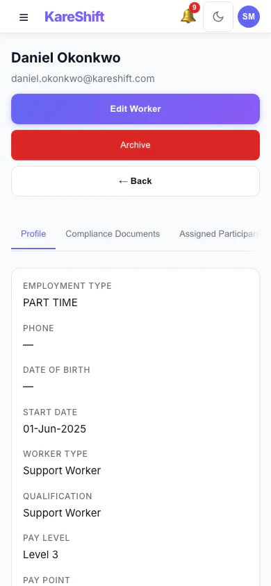 Worker Profile: A worker's profile and details. (mobile view)