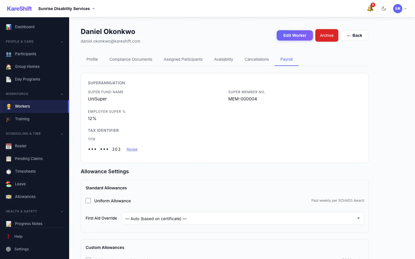Worker Payroll Details: Payroll details and allowance settings for a worker.