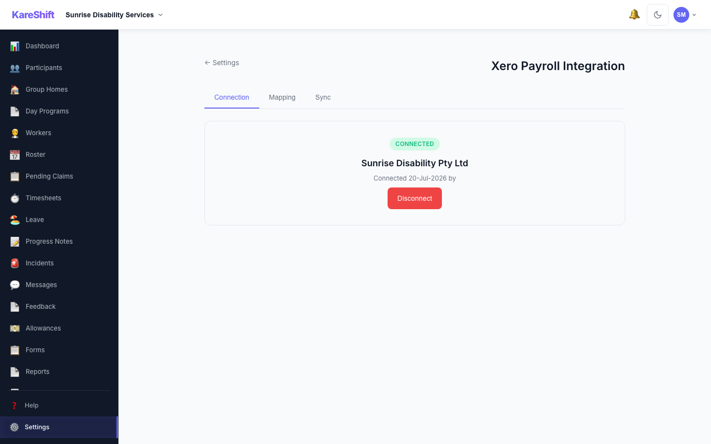 Xero Payroll — Connected status with tenant name