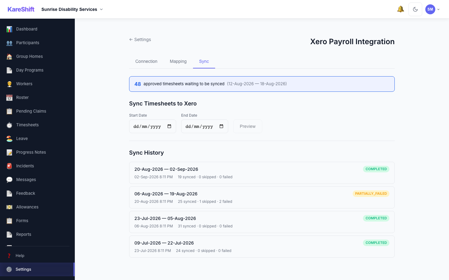 Xero Sync — history with pending count and status badges