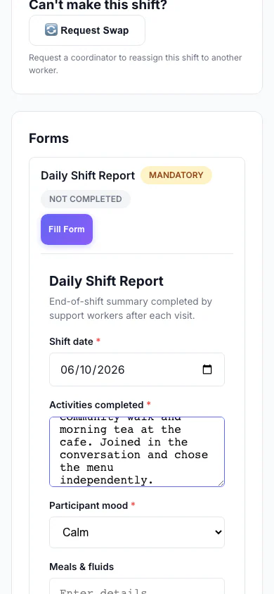 Filling a Form: A worker fills a custom form on their phone as part of a shift. (mobile view)