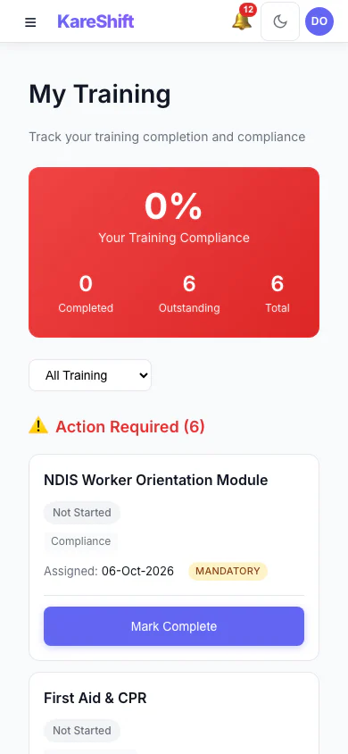 My Training: A worker sees the training assigned to them and what is complete. (mobile view)