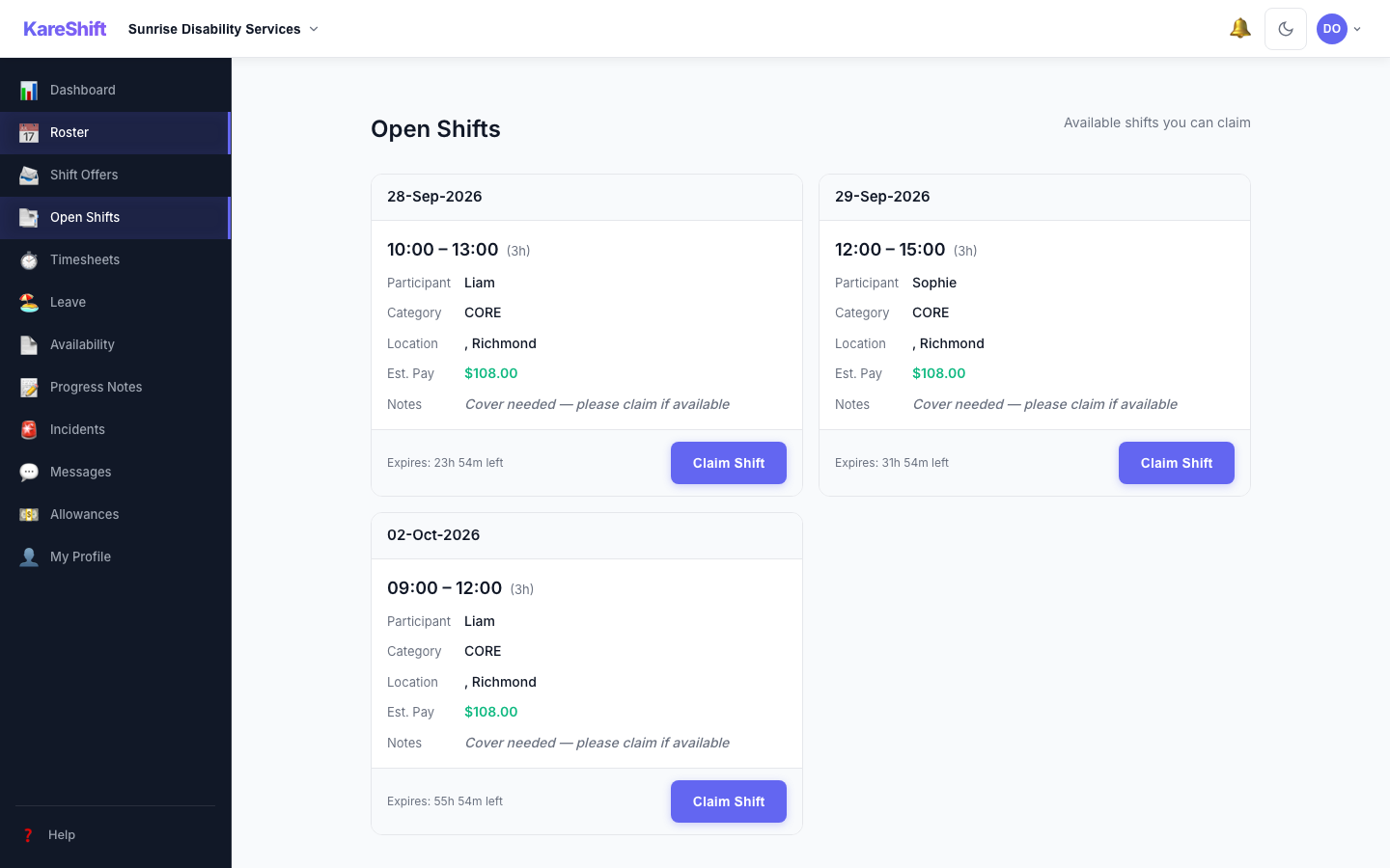 Open Shift Board — claimable shifts with pay estimate and expiry countdown