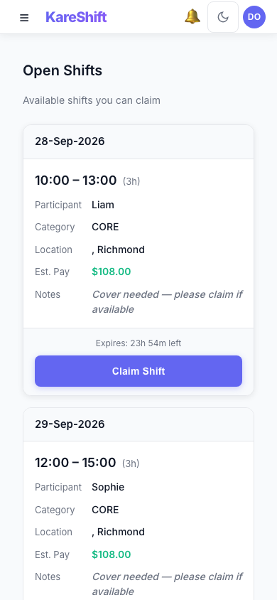 Open Shift Board — claimable vacant shifts with pay estimate and expiry — mobile view