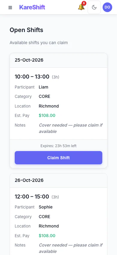 Open Shift Board — claimable vacant shifts with pay estimate and expiry — mobile view
