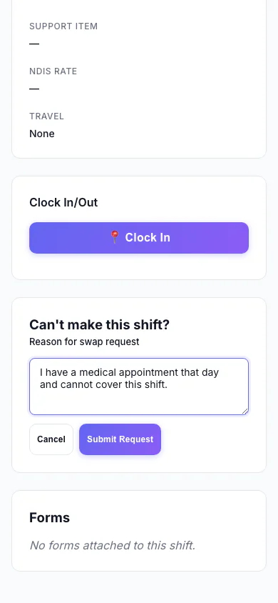 Ask to Swap a Shift: A worker who can't make a shift asks to swap it and says why. (mobile view)