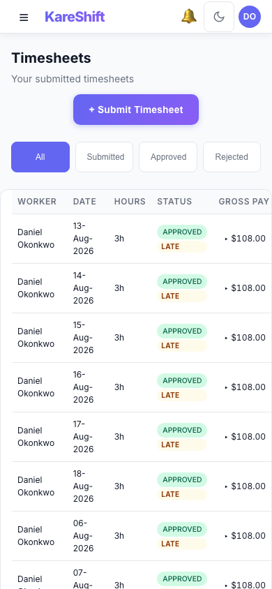 Worker Timesheets — Mobile View