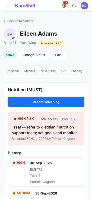 Nutrition screening (MUST) — risk level, recommended action and history for a resident — mobile view