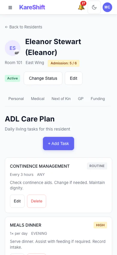 Resident Care Plan: The care plan for a resident, in the same record as everything else. (mobile view)