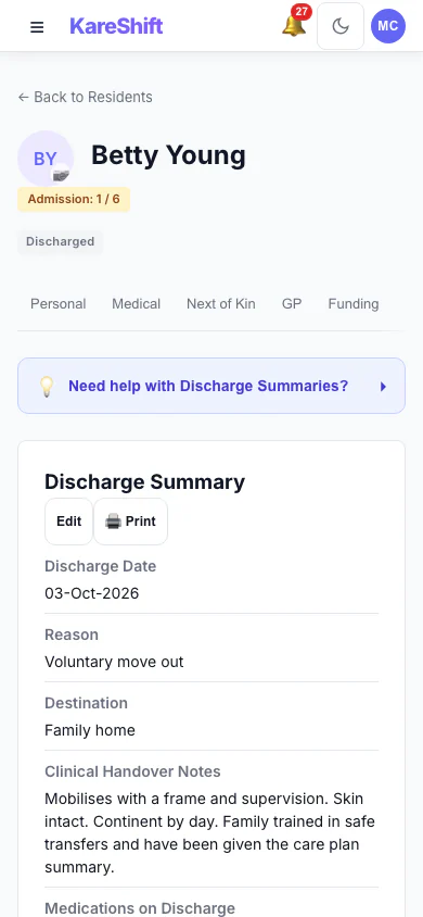 Resident Discharge: A completed discharge with its summary kept on the record. (mobile view)