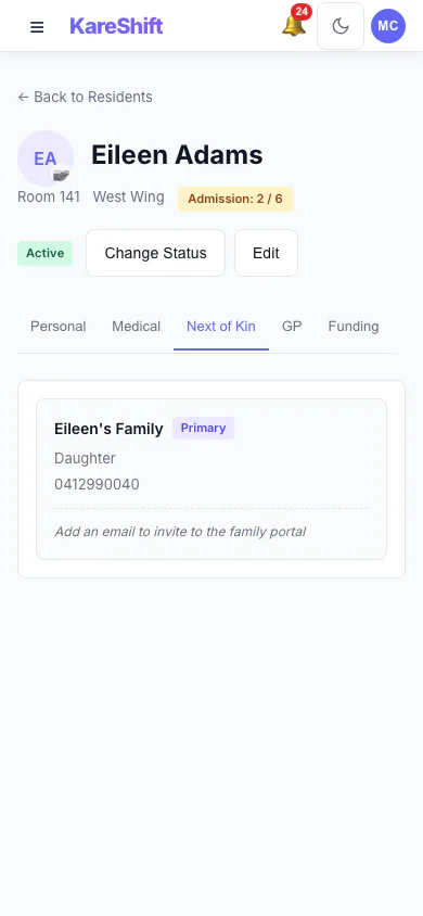Next of Kin and Family Portal: Contacts on a resident's record, and who has family portal access. (mobile view)