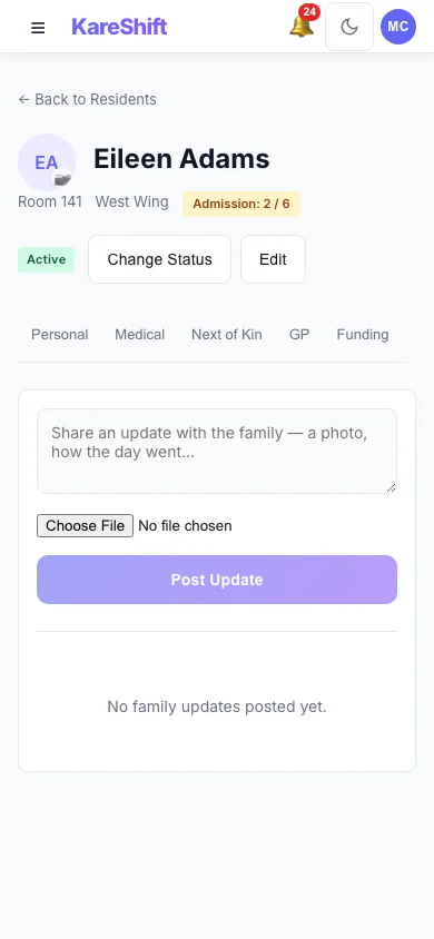 Family Updates: Post an update to the family and see what has already been shared. (mobile view)