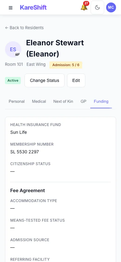 Resident Funding: Funding and fee details held on the resident's record. (mobile view)