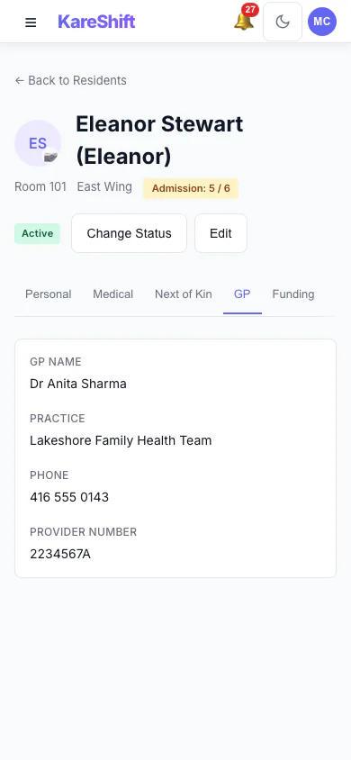 Resident GP Details: The resident's GP and contact details. (mobile view)