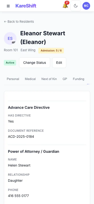 Resident Legal Documents: Advance care directive and power of attorney recorded for the resident. (mobile view)
