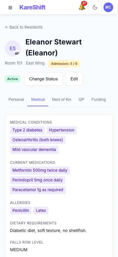 Resident Medical Profile: Conditions, medications, allergies and falls risk. (mobile view)