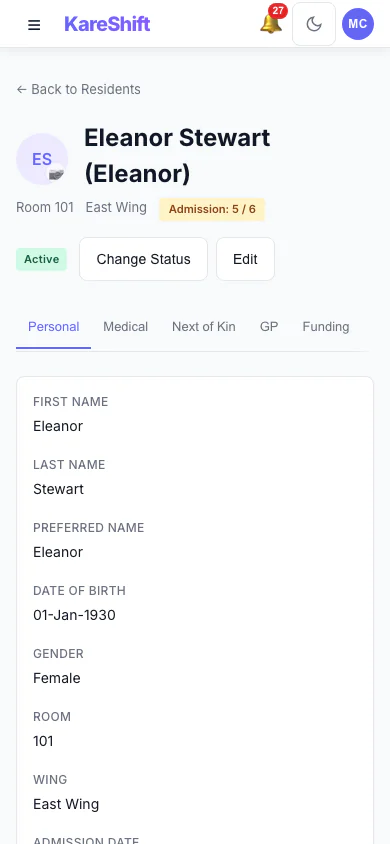 Resident Personal Details: The resident's personal details and room. (mobile view)