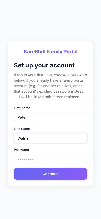 Family Portal — Accept Invitation: A relative accepts an invitation with a name and a password. (mobile view)