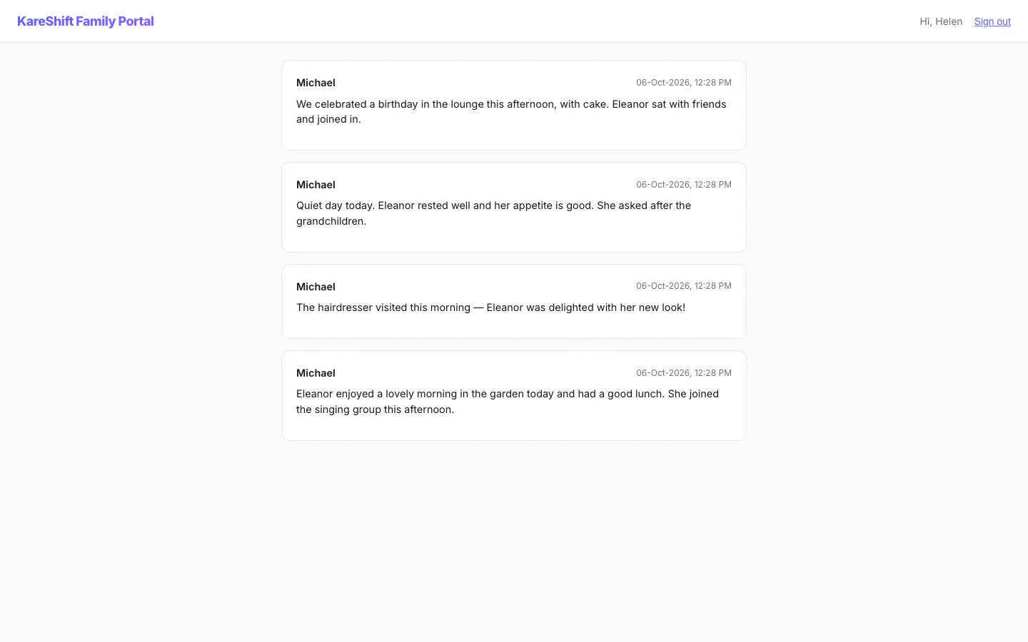 Family Portal — Updates: A relative's private feed of staff-written updates about their family member.