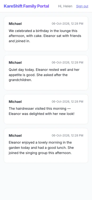 Family Portal — Updates: A relative's private feed of staff-written updates about their family member. (mobile view)