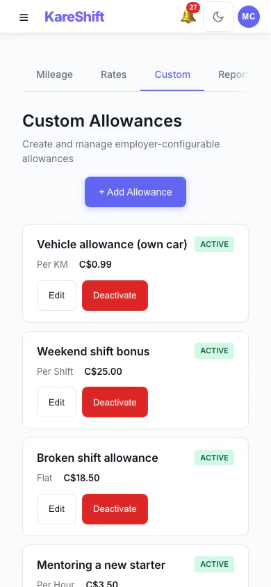 Custom Allowances: Create your own allowances beyond the standard ones, each with its own rate. (mobile view)