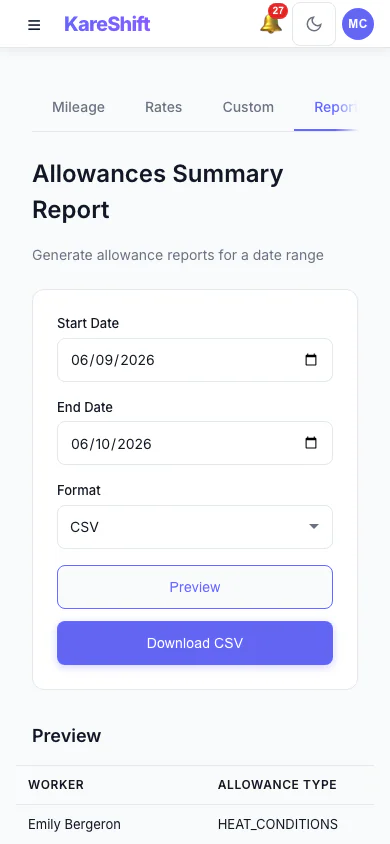 Allowances Report: Preview and export what was paid in allowances over a period, with a grand total. (mobile view)
