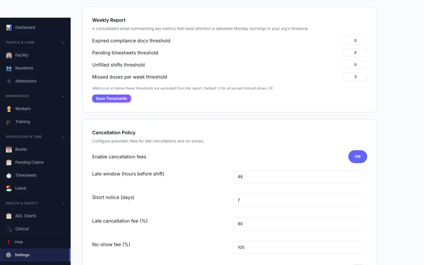 Cancellation Policy settings — automate late-cancellation and no-show fees