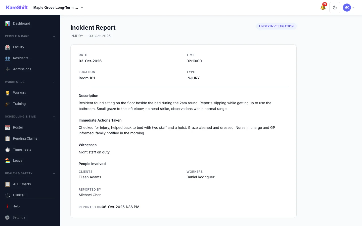 Incident Detail: An incident with its status, details and the update trail of who did what.
