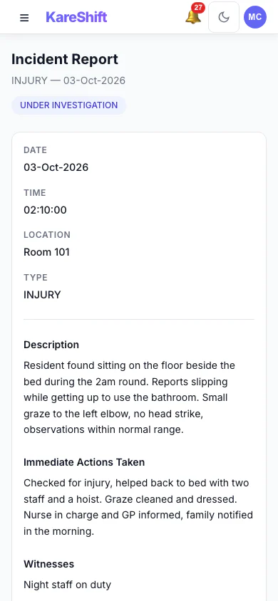 Incident Detail: An incident with its status, details and the update trail of who did what. (mobile view)