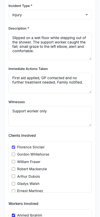 Report an Incident: Record what happened, who was involved and what was done straight away. (mobile view)