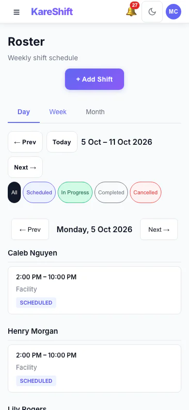 Roster — Day View: One day's shifts grouped by worker. (mobile view)