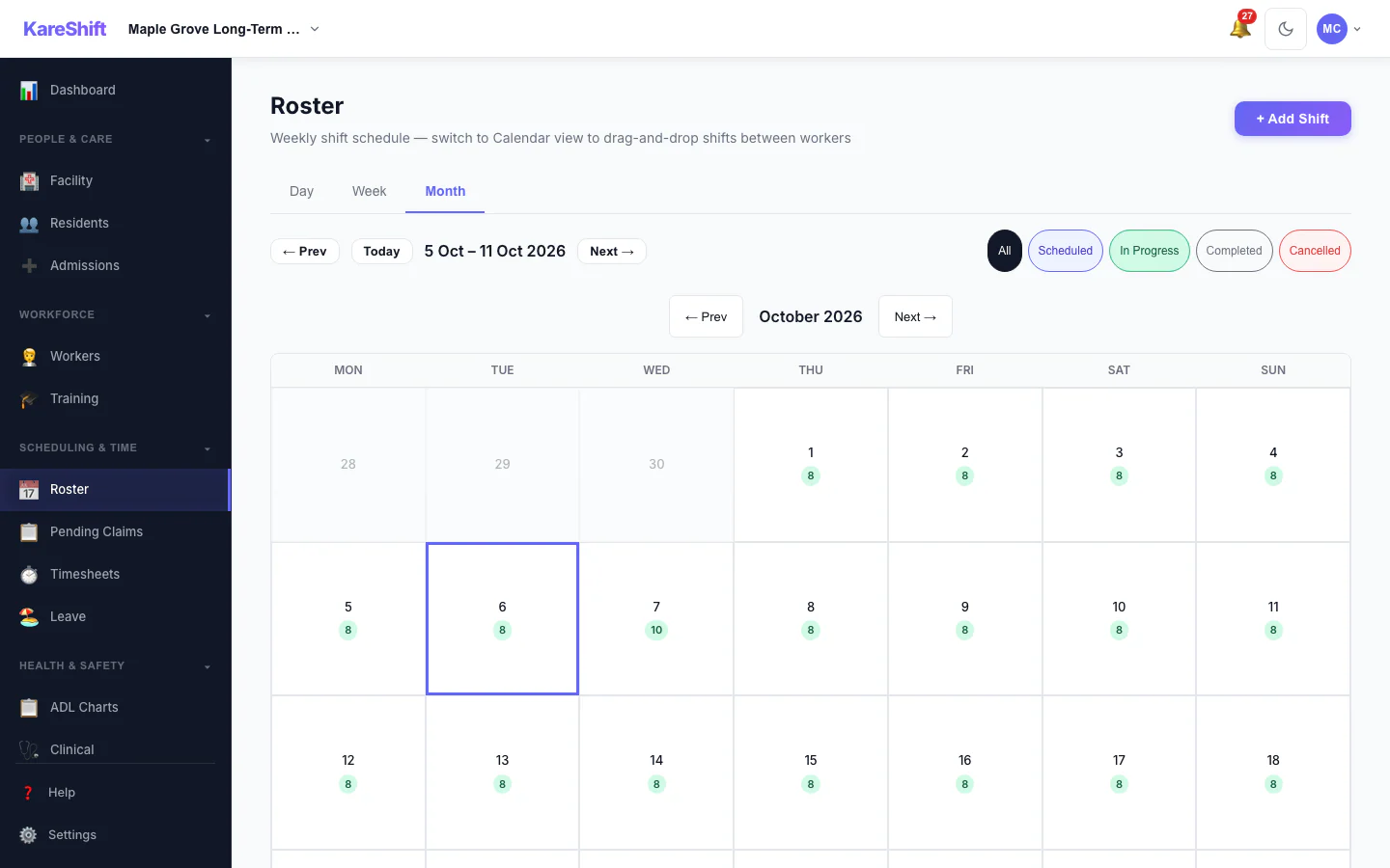 Roster — Month View: A month at a glance with shift counts for each day.