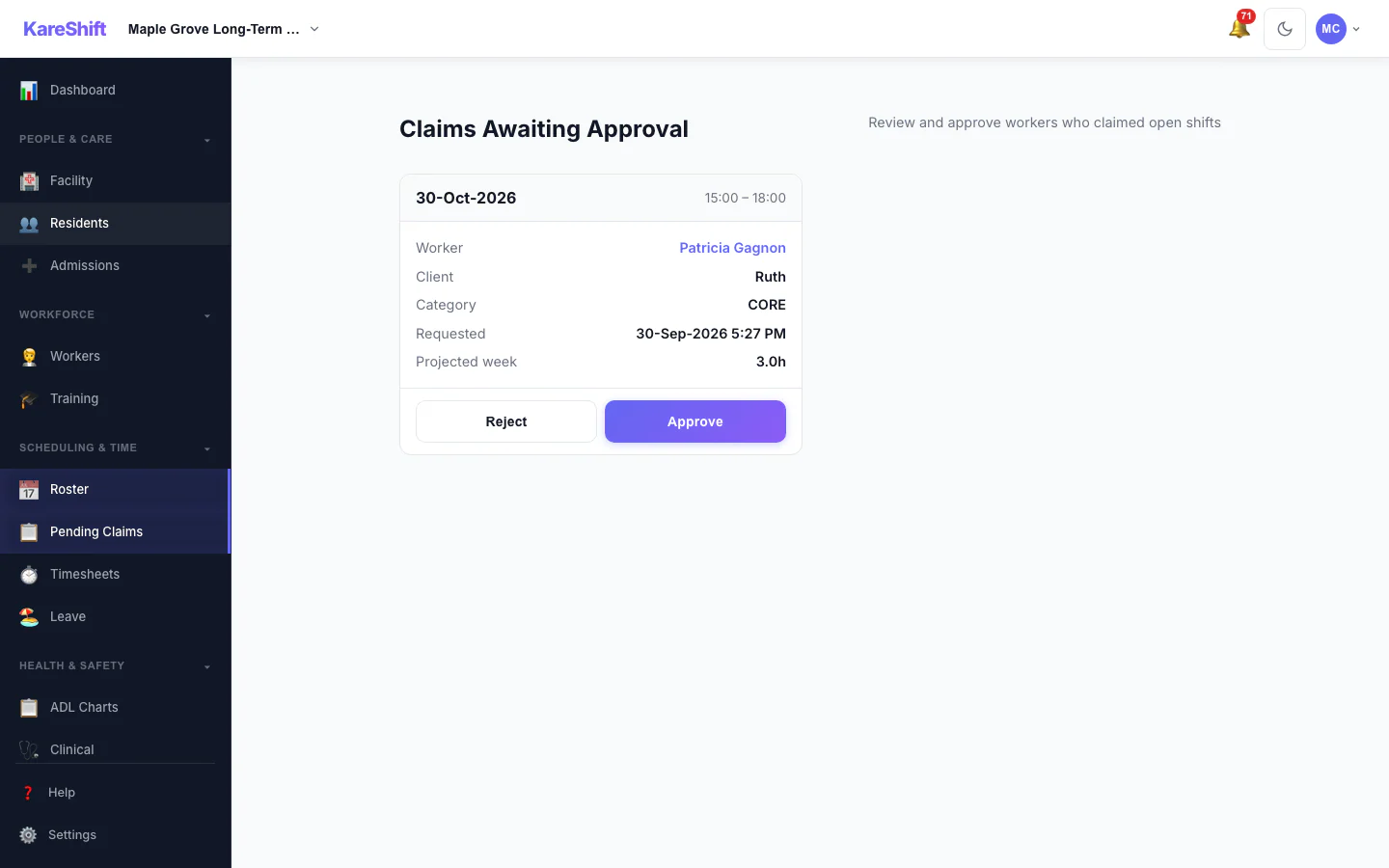 Claim Approval — coordinator reviews open-shift claims with projected weekly hours and an overtime warning