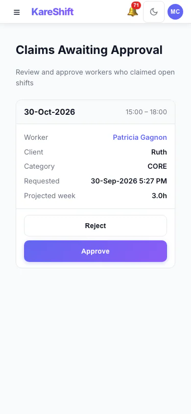 Claim Approval — coordinator reviews open-shift claims with projected weekly hours and an overtime warning — mobile view