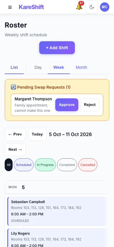 Shift Swap Requests: Pending swap requests with approve and reject. (mobile view)
