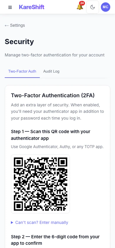 Set Up Two-Factor Authentication: Scan a code with an authenticator app, then enter the six-digit code to switch it on. (mobile view)