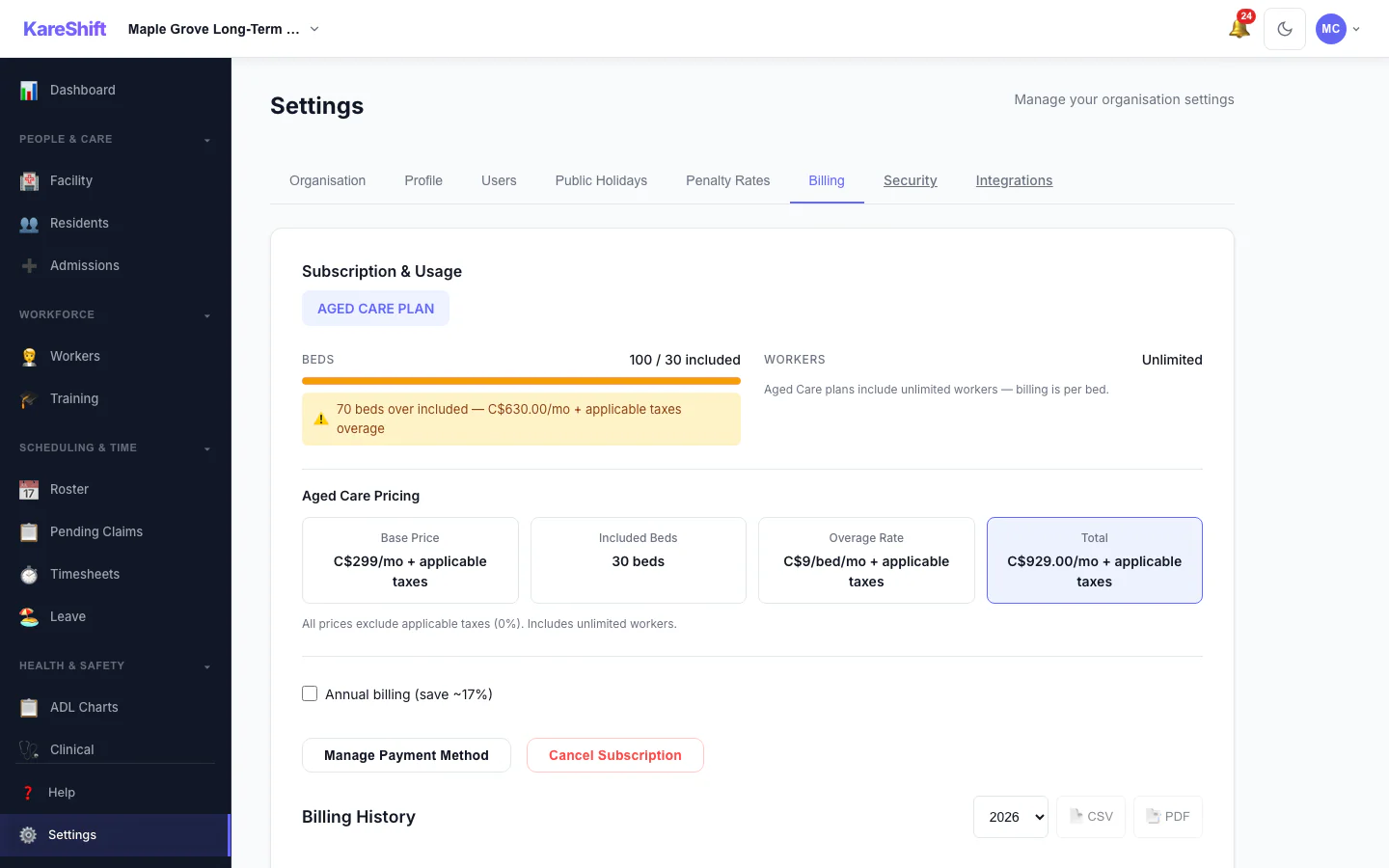 Billing and Plan: Your plan, worker usage and billing history.