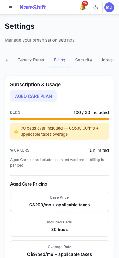 Billing and Plan: Your plan, worker usage and billing history. (mobile view)