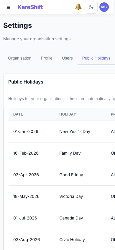 Holidays — Mobile