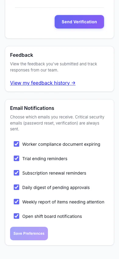 Notification Preferences: Choose which emails you receive. (mobile view)
