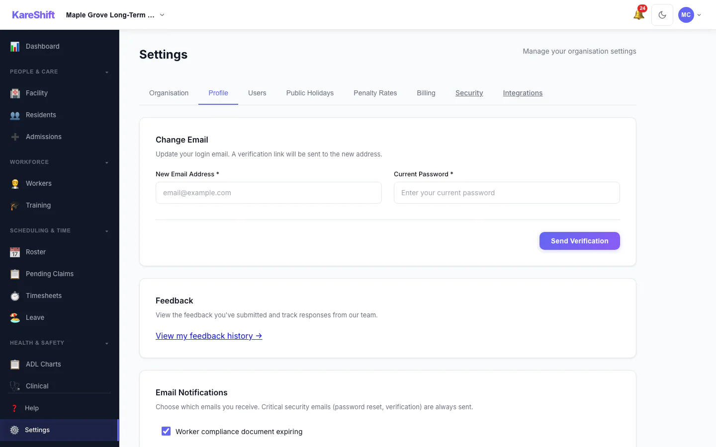 Your Profile Settings: Your login email and email notification choices.