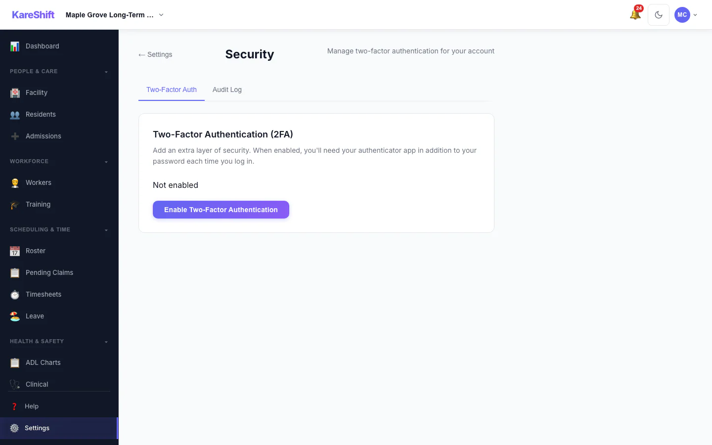 Security Settings: Two-factor status for your account, with trusted devices and an audit log for owners.